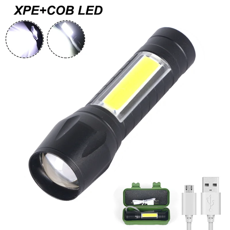 Super Bright Zoom LED Q5 T6 Torch Light With Side COB Light Aluminum Waterproof night light USB Rechargeable Led Flashlight