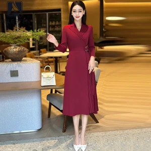 AELESEEN Women's Long-Sleeved Elegant Dress Autumn Winter Office Ladies Pleated Fold Turn-down Belt Solid Midi Career Clothing