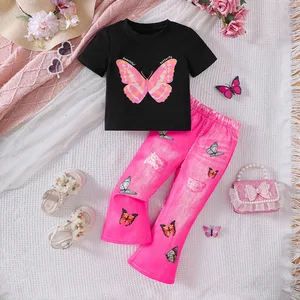 Girls Clothing Casual Spring Summer New Butterfly Print T-Shirt Bell Pants Suit for Small Medium-sized Clothes for Kids