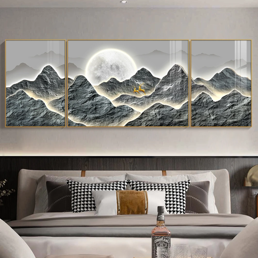 Modern Minimalist Living Room Decorative Painting Light Luxury Mural Landscape Triptych Wall Art Crystal Porcelain Painting