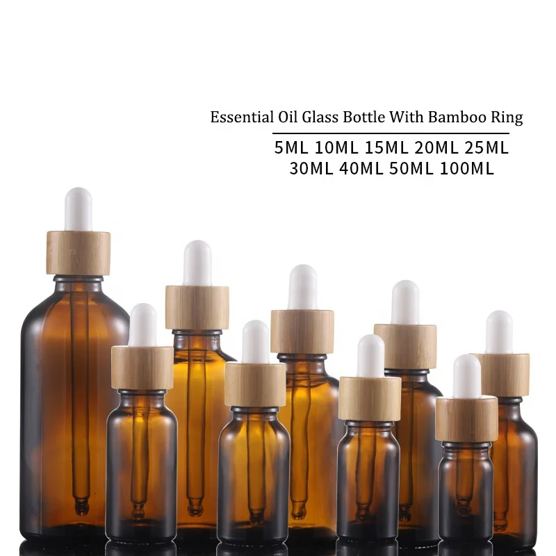 Custom Logo 5ml-100ml Amber Glass Essential Oil Bottles for Personal Care Skin Care Serum Cosmetic Glass Bamboo Dropper details