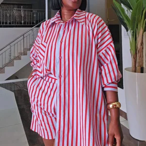 SH7337 Elegant Ladies Casual Two Piece Set Street Wear Long Sleeve Stripped Printed Loose Shirt and Shorts 2 Piece Set for Women