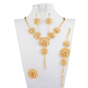 Custom Dubai Champagne Party 18K Gold Necklace Stud Bracelet Bridal Wedding Fashion Jewelry Set