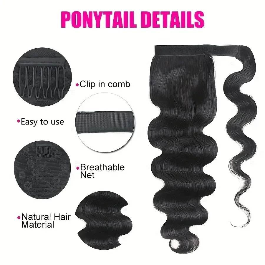 Extension per coda di cavallo con capelli umani brasiliani, ondulati, da 16 a 26 pollici, realizzate a macchina, con clip, in capelli Remy_voghion.com