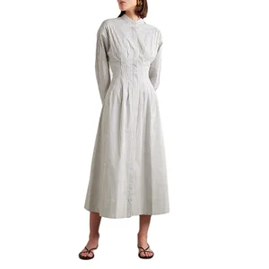 Clothing Manufacturer Custom Spring Summer White Polo Collar Long Sleeve Pleated Printed Cotton Midi Shirt Dress