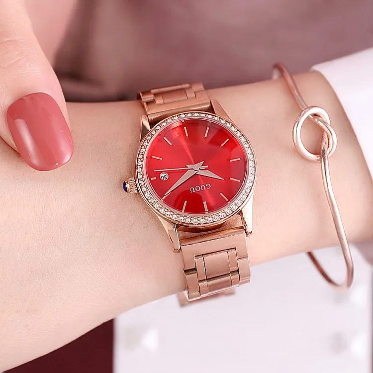 GUOU 6012 Drop Shipping Factory Quartz Watch Luxury Diamond Stainless Steel Band Vintage Auto Date Water Resist Wristwatch