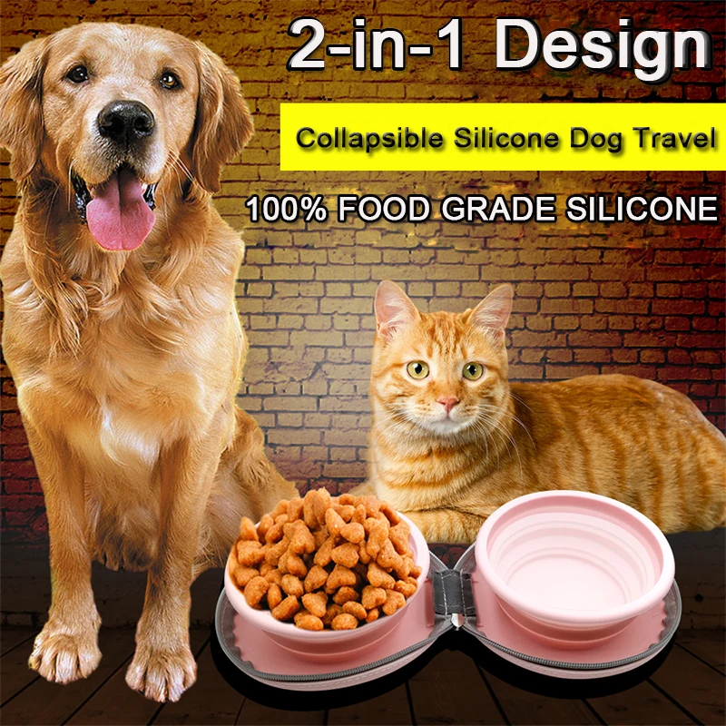 Portable Silicone Double Pet Bowl - Collapsible Travel Dog Feeder for Food & Water - 2 x 450ml Capacity with Zipper Case - Brown