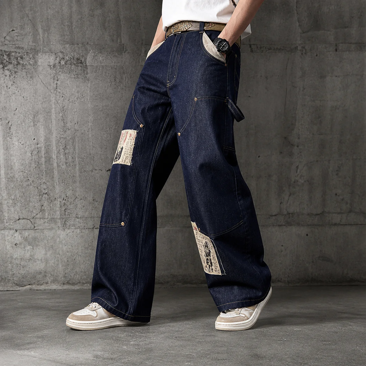 Custom Loose Double Knee Embroidered Printed Straight Fit Raw Japanese Selvedge Vintage Denim Jeans for Men gallery 4