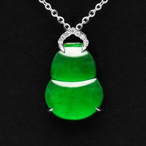 Dainty Natural Jade High Grade Icy Jadeite Cucurbit Charm Pendant 18K White Gold Classic