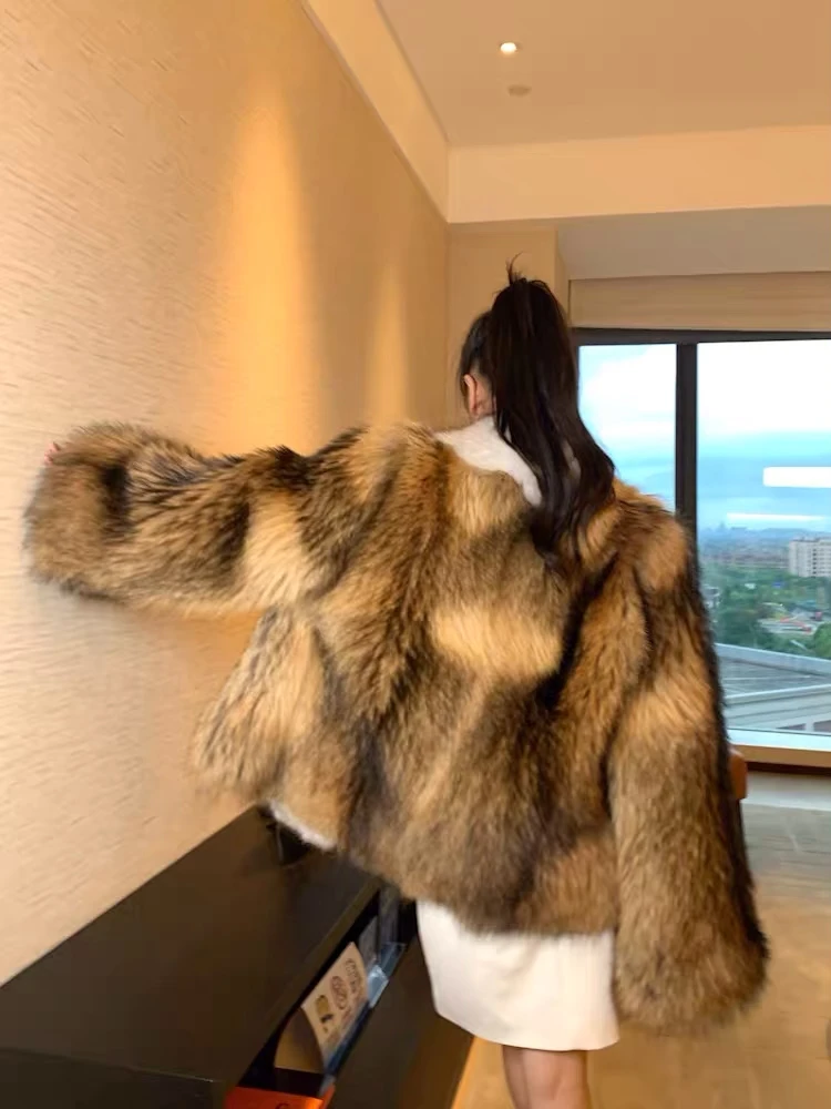 Luxurious Eco-Friendly Thick Real Raccoon Fur Plus Size Women's Coats Warm Fluffy Breathable Winter Casual Coat Polyester Lining