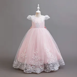 Princess Dress for Baby Girls Solid Maxi Lace Flying Sleeve Bow-Knot Design Plain Dyed for Children's