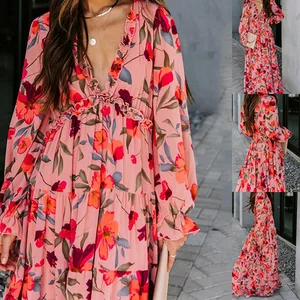 New Arrival Long Sleeve V-neck Ruffled Floral Dress Elegant Maxi Dress Temperament