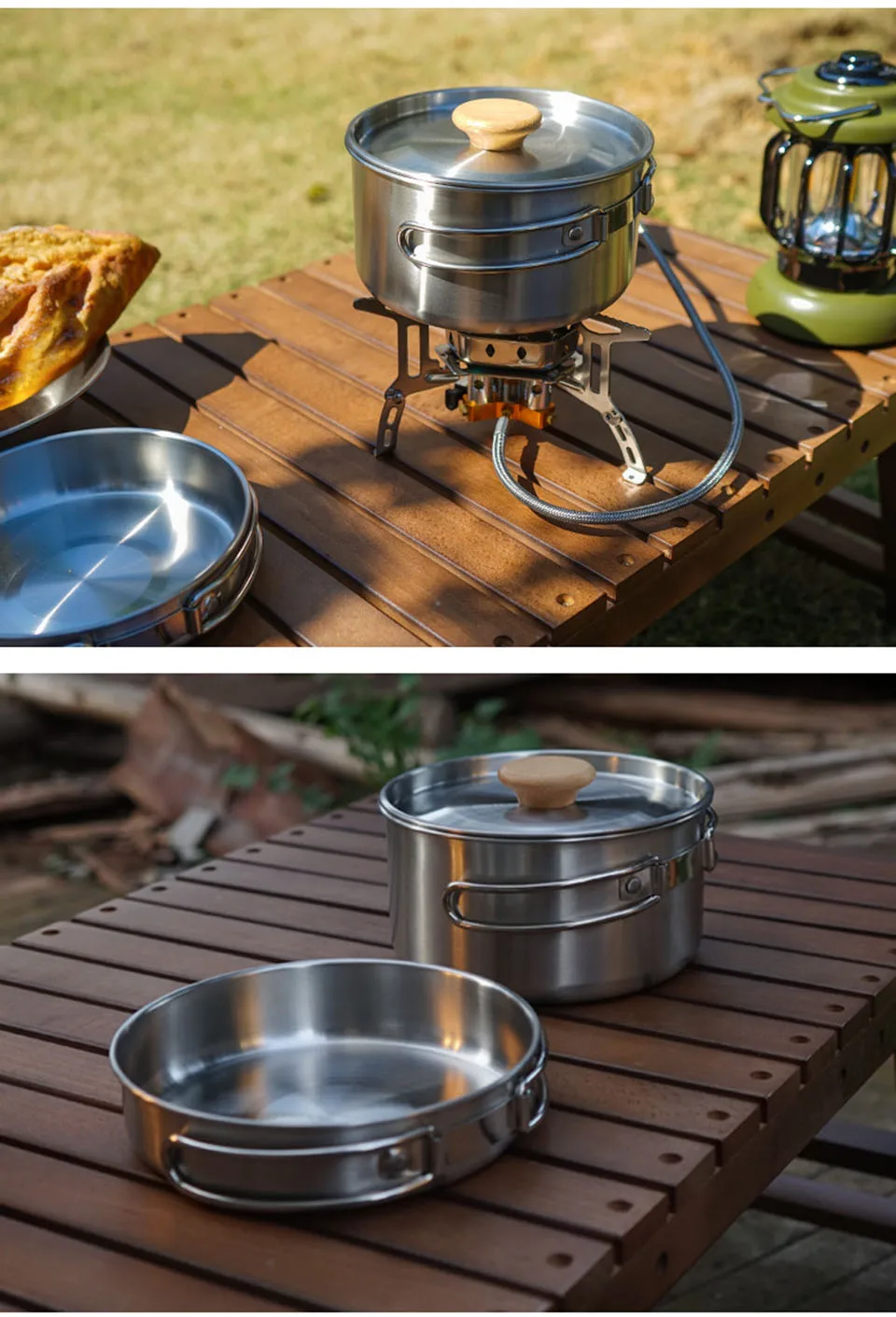 2pcs Outdoor Cooking Pots Set Stainless Steel Folding Handle Camping