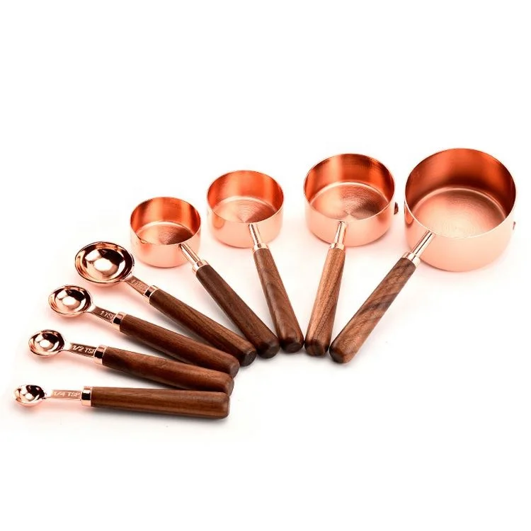 Heavy duty 9 piece stainless steel copper plated rose gold kitchen baking measuring spoon and measuring cup set
