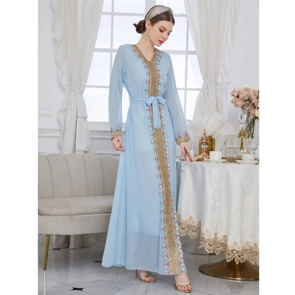 Fashion Muslim Women's Long Sleeve Dress Pleated Maxi Gown Dubai Kaftan Robe