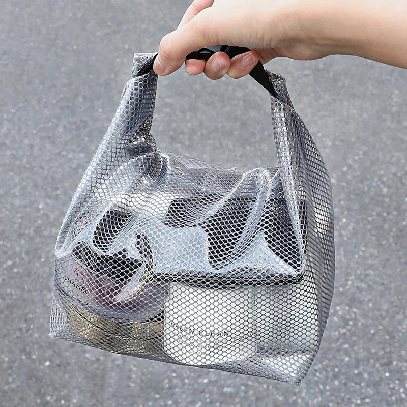 Large Capacity Waterproof Portable Mesh Cosmetic Storage Bag Mesh Travel Toiletry Bags With Buckle Handle
