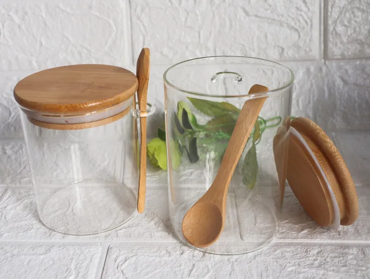 Glass Storage Container with Bamboo Lids and Spoon Kitchen Condiment Glass Ware Airtight Food Storage Container Jars