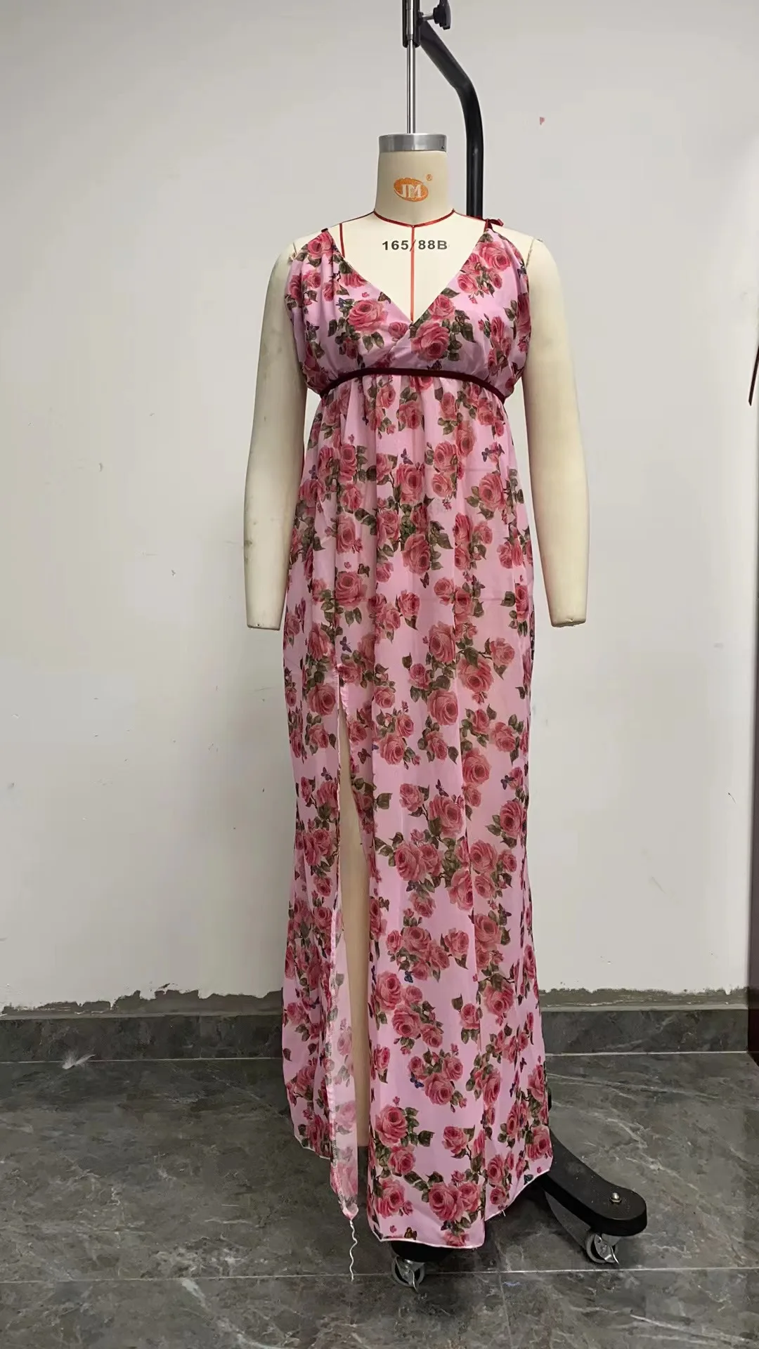 New European American French Style Women's Vintage Print Chiffon Long Sleeveless V-neck High Waist Sexy Beach Casual details