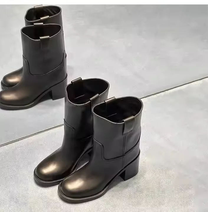 Winter Cowboy Wide Shaft Ladies Heel Boots Fashion Round Toe Full Leather Block Heel Women Mid Calf Western Boot - Image 1