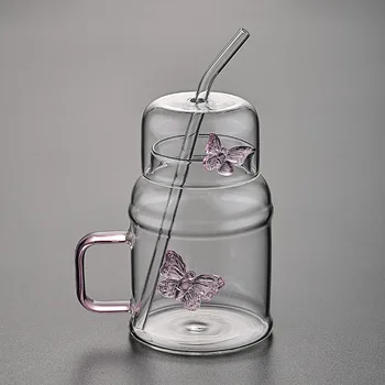 Creative High-Borosilicate Glass Straw Cup with Butterfly Teapot Handle Modern Design for Water or Juice for Gift