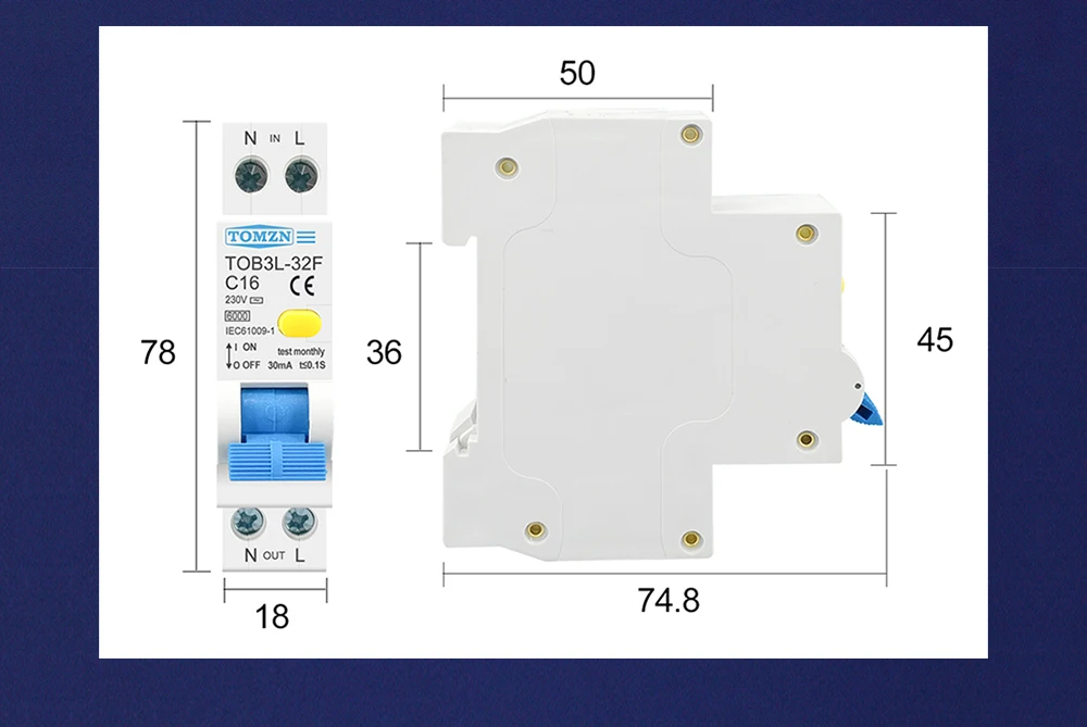 TOMZN RCBO 1P+N 6KA Residual Current Differential Automatic Circuit Breaker Over Current Leakage protection 18MM 230V 50/60Hz
