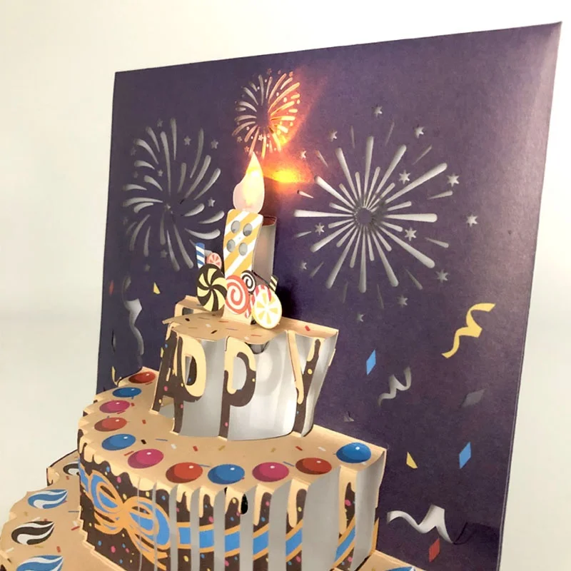 2024 Bulk 3D Pop-up Happy Birthday Greeting Cards Music Blowable Candle for Kids Women Offset Printing Hot Stamping Christmas