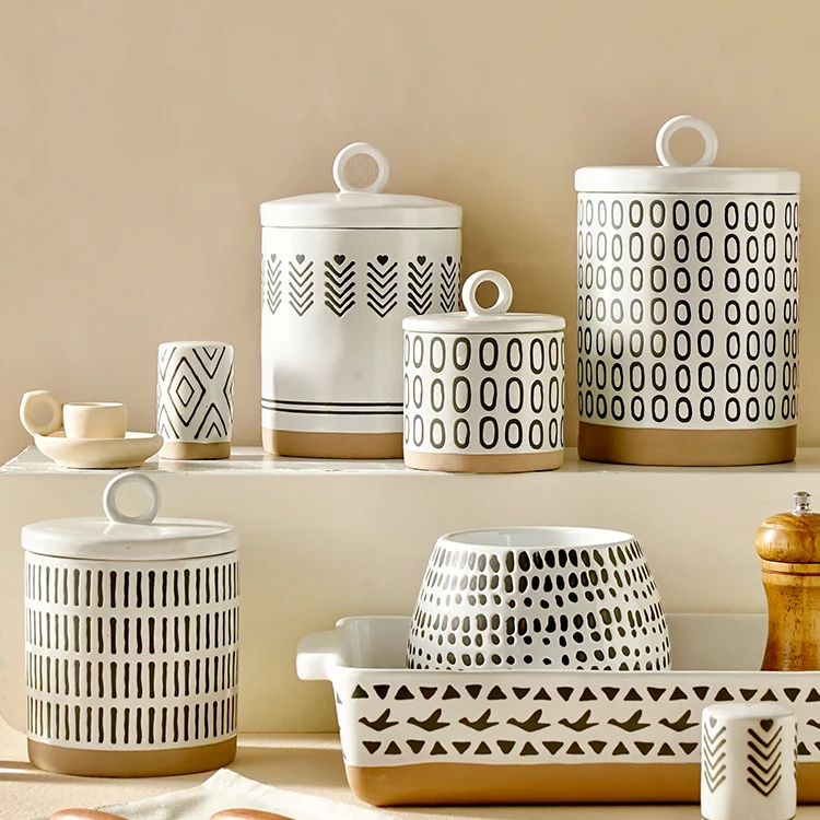 Factory Direct Selling Matte Geometric Coffee Sugar Canister Tea Container  Ceramic Storage Jar With Sealed Lid