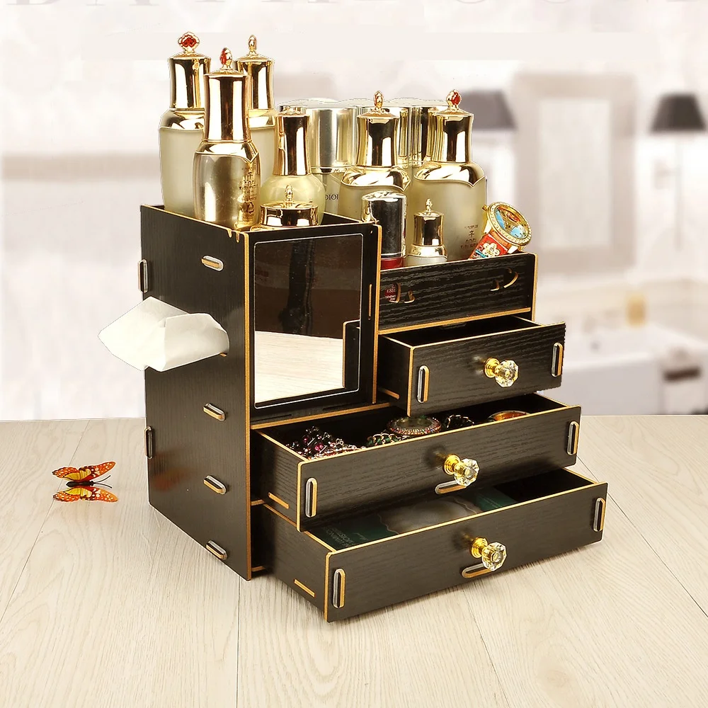 HelloWorld Large Wooden Desktop Cosmetics Collection Box Mirror South Korea Drawer Type Rearrangement of Wooden Boxes