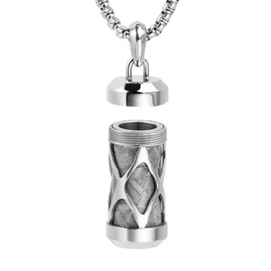 Custom Mens Cremation Jewellery Stainless Steel With Meteorite Inlay Cylinder Necklace Pendant Urn