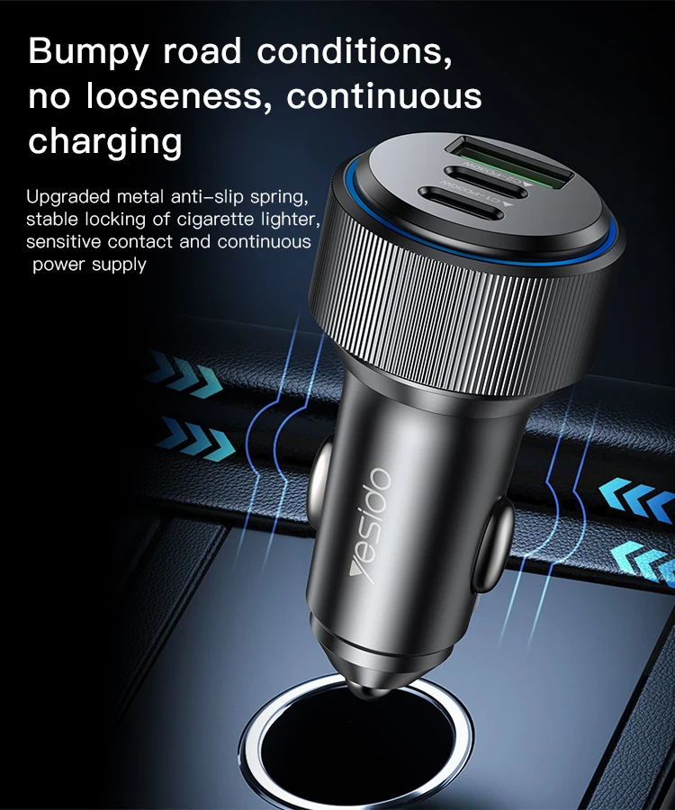 Yesido Brand-new 30W USB And 2 Type-C Three Ports Fast Chargeing LED Lamp Ring Aluminium Alloy Car Charger