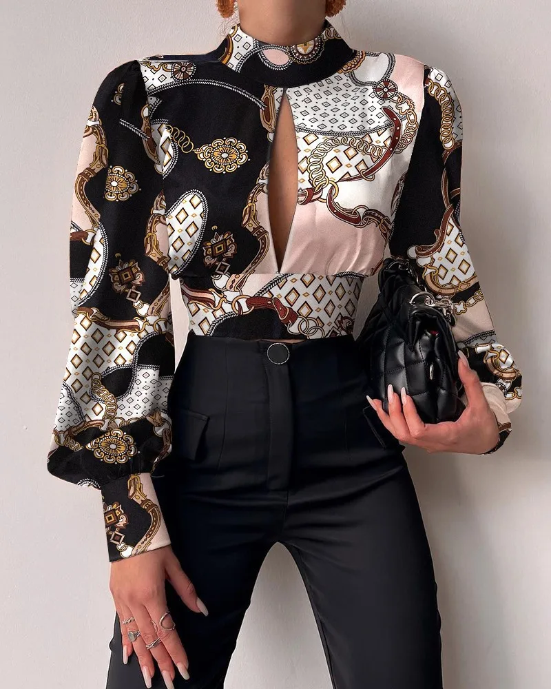 Luxury Backless Tie on Back Stand Collar Full Sleeves Slit Sex Blouse Shirt for Women