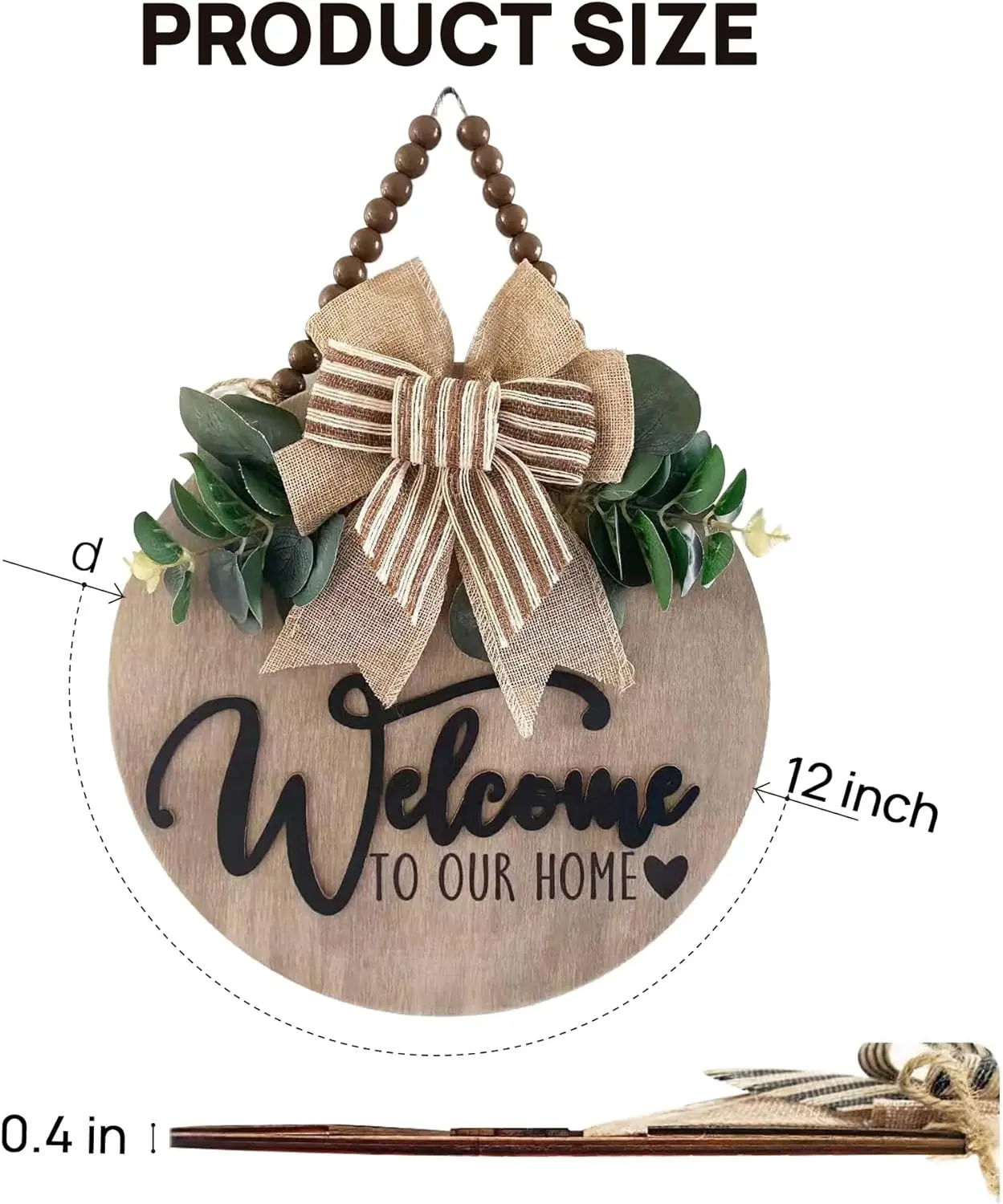 3D Welcome Sign for Front Door | Home Farmhouse Porch Decor Wooden Hanging Sign with Artificial Leaves and Rustic Beads