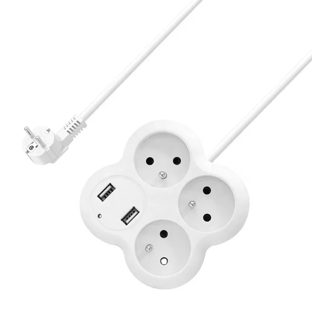 French socket  Power Strip 3 way socket extension Home Office 2m Cable with USB Ports