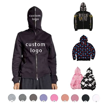 Men Streetwear Manufacturer Custom Print logo 100% cotton zipper zipup heavyweight puff print blank full face zip up hoodie