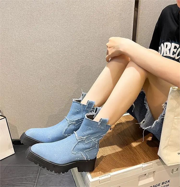 BUSY GIRL SJ4770 Denim Boots for Women Blue Black Denim Jeans