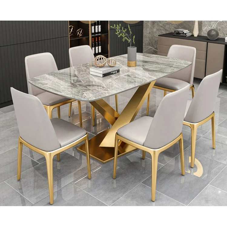 Modern Style Dining Tables with Chair Steel Base Home Furniture Marble Top Luxury Dining Table Set