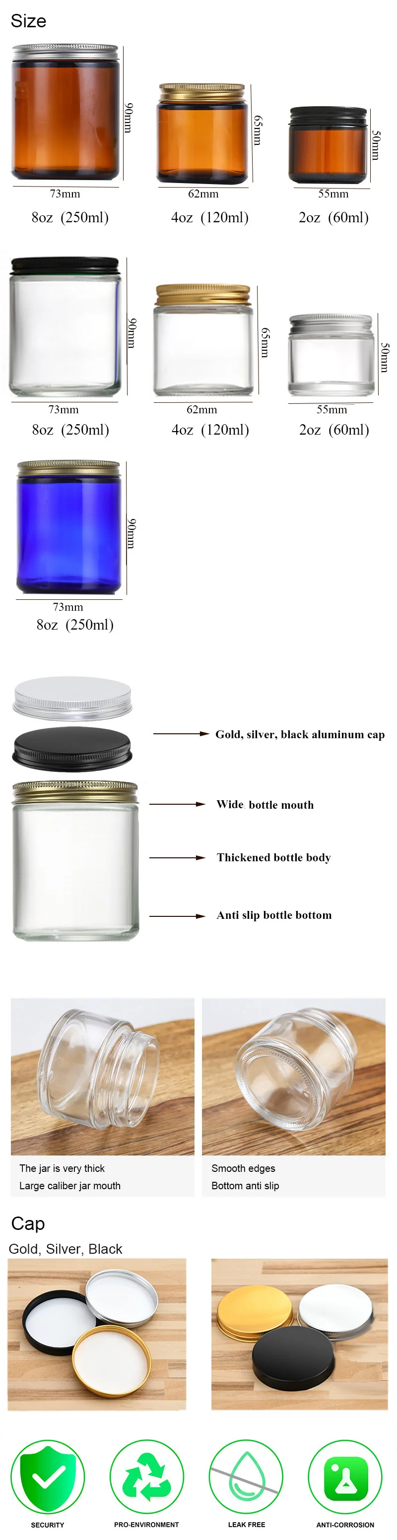 Customized 2oz 4oz 8oz Amber Glass Candle Jars With Black Aluminum Cap ...