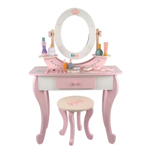 Wooden Pink Make up Dressing Table Children Dress up Games Preschool Wooden Toy Pretend Play Make up Toy for Girls