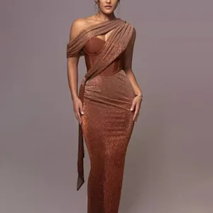 Vintage One Shoulder Slim Maxi Dresses Women Elegant Tulle Gown Evening Dress Asymmetric Dropped Waist Tassel