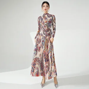 Ladies Summer Casual Two-Piece Set Pleated A-Line Skirt and Long Sleeve Printed Top Stretch Fabric Ankle Length Fashion Set