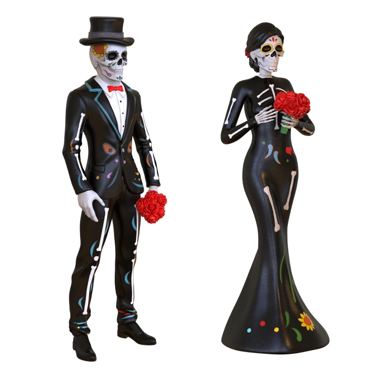 product wholesale custom day of the dead wedding celebration skeleton couple mexican traditional colors halloween figurine sculpture-5