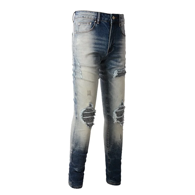 Jeans OEM Private Custom New Blue Patch Ripped Jeans Men's Washed Stretch  Slim Pants Old High Street Diamond Men's Pants