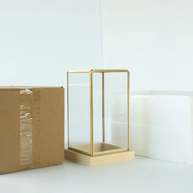 Nordic Luxury Glass Display Box With Brass Margin Wooden Base Used For