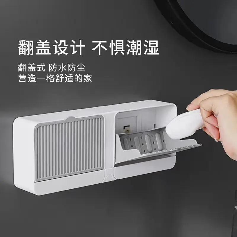 Adhesive Bathroom Shelf Wall Mounted Storage Rack Without Drill Soap Holder with Cover Dustproof and Waterproof Soap Box