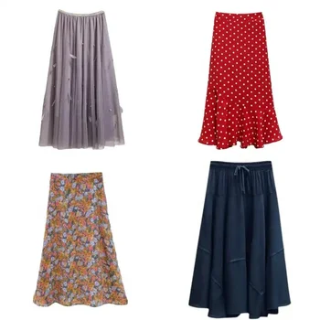 Tulle Skirt Elastic High Waist Layered Skirt Floral Print Mesh A-Line Midi Skirt