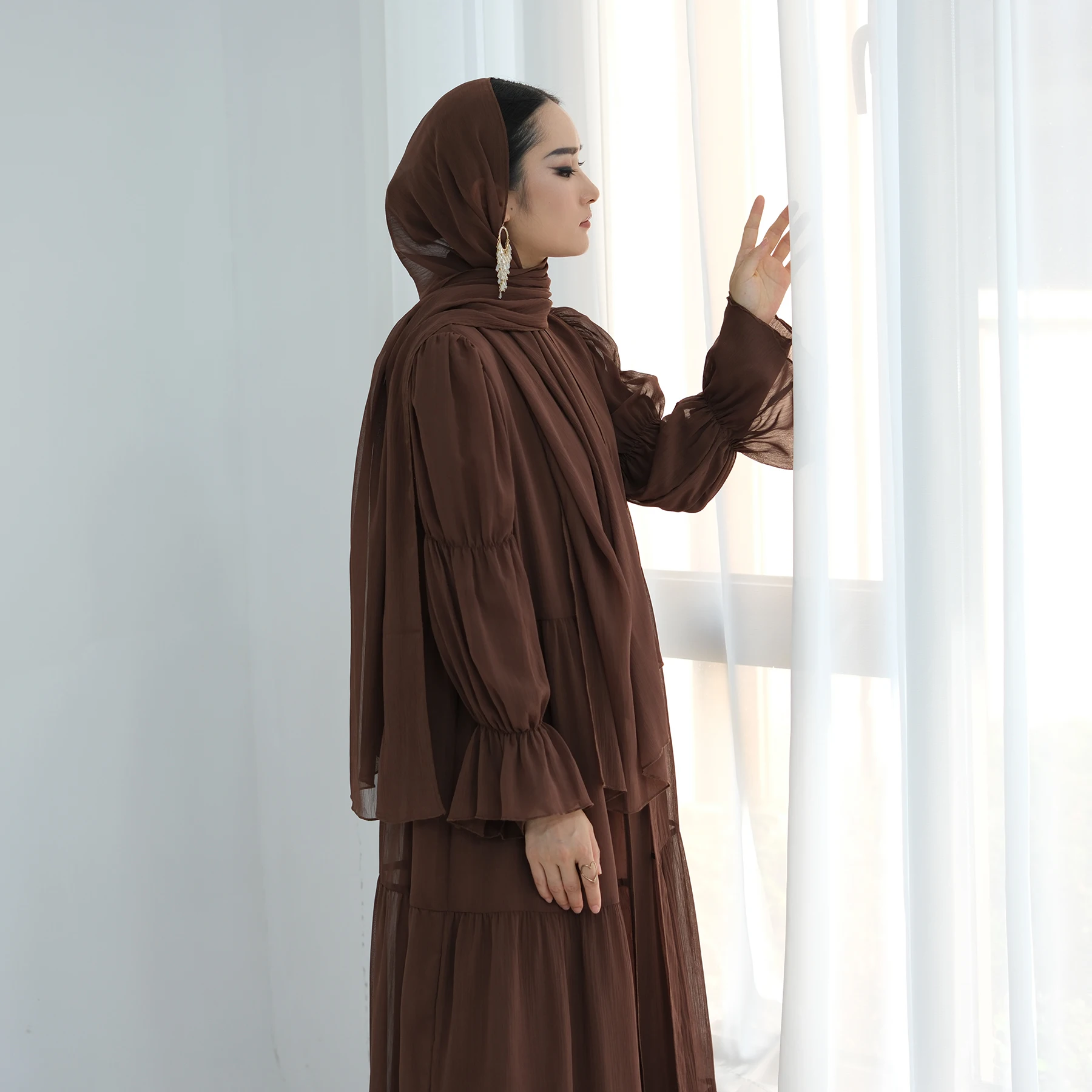 Wholesale Womens Whole Islamic Clothing 2 Piece Abaya et olid Color Chiffon Long leeve Dress and Front Open Abaya Women's Dresses fashion et im Abaya