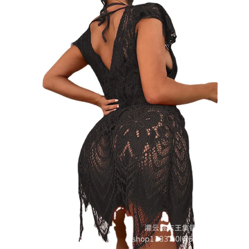 Bata de baño larga de encaje para mujer, ropa de dormir Sexy de malla, bata para mujer, ropa de playa de verano, lencería sexy_voghion.com