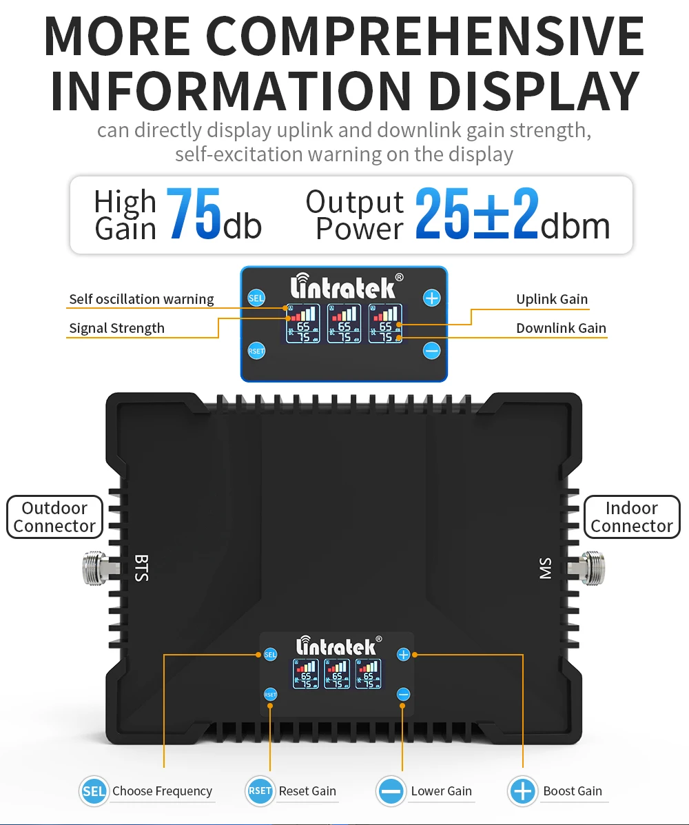 Lintratek wholesales 75dB gsm lte B7 B20 amplifier triband 3g 4g mobile  cell phone network signal booster repeater