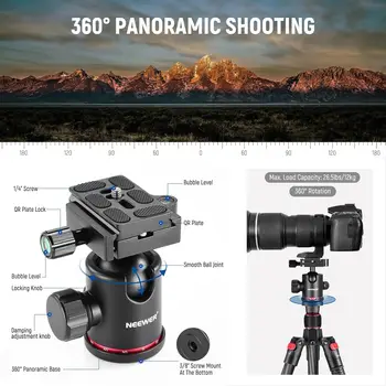 NEEWER 66"/168cm Carbon Fiber Tripod for Camera with 360° Panorama Ball Head, 1/4" Arca QR Plate, Portable Bag, Compact Travel detail image
