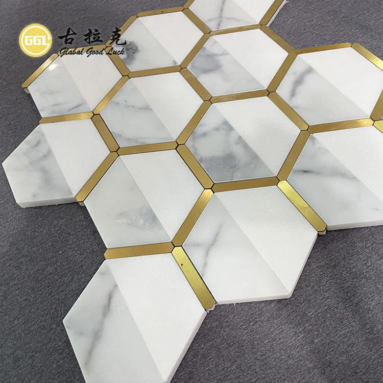 Natural Marble Mix Brass Hexagon Design Interior Decor Mosaic Tile